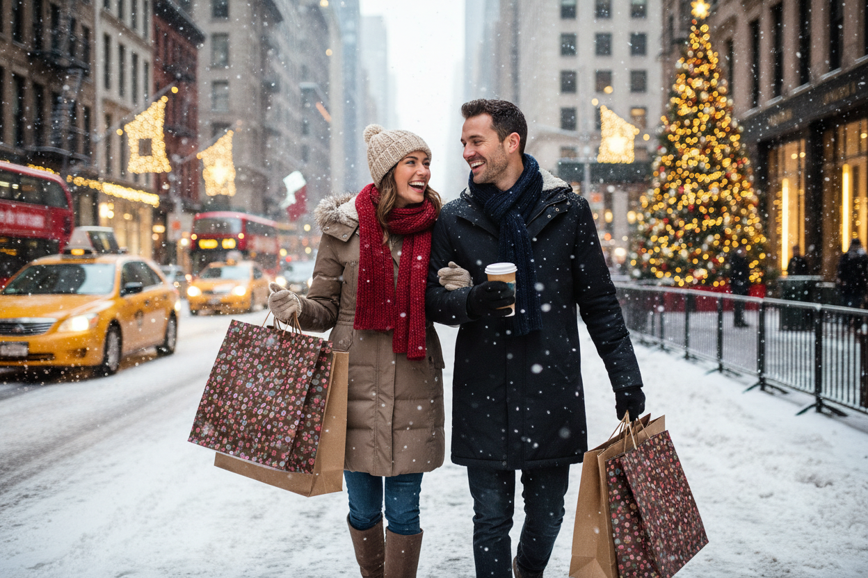NYC , couple walking in the street, winter vibe, they walking with shopping bags happy